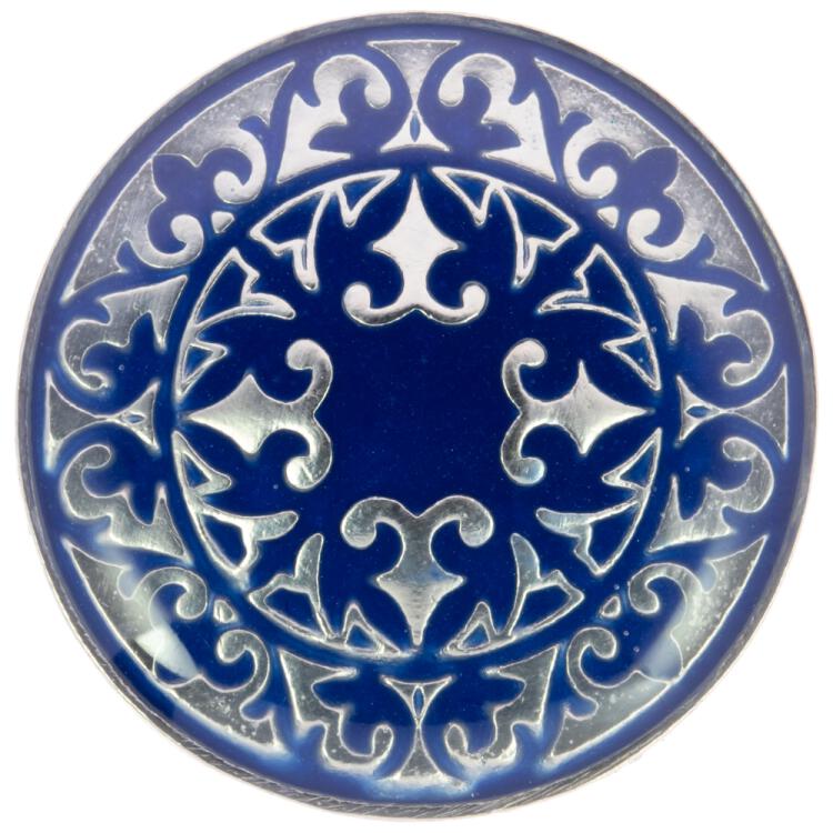 Metallknopf mit Ornament in Blau-Silber