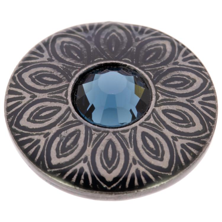 Schmuckknopf aus Metall in Anthrazitschwarz mit Swarovski Kristall in Blau 15mm