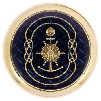 Maritimer Metallknopf mit Anker-Steuerrad-Motiv in Marineblau-Gold