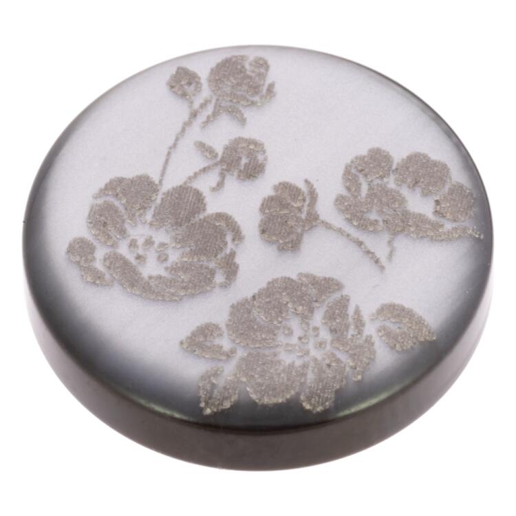 Edler Kunststoffknopf in Perlmuttoptik Grau mit Blumenmotiv 15mm