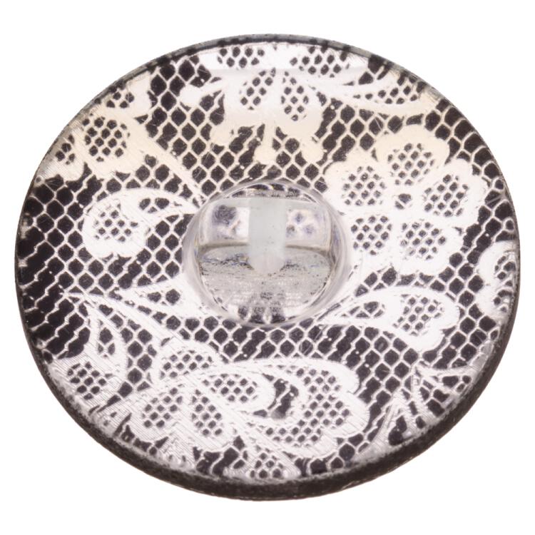Schmuckknopf aus Kunststoff mit gelasertem Spitzenmotiv in Schwarz-Transparent