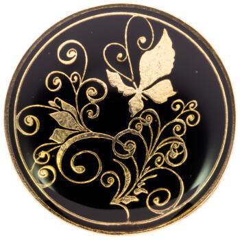 Schwarzer Metallknopf mit filigranem Blumen- und Schmetterlingmotiv in Gold