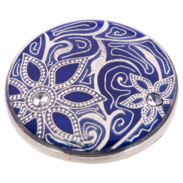 Schmuckknopf aus Metall in Silber-Blau mit filigranem Floralmotiv und Swarovski Kristallen