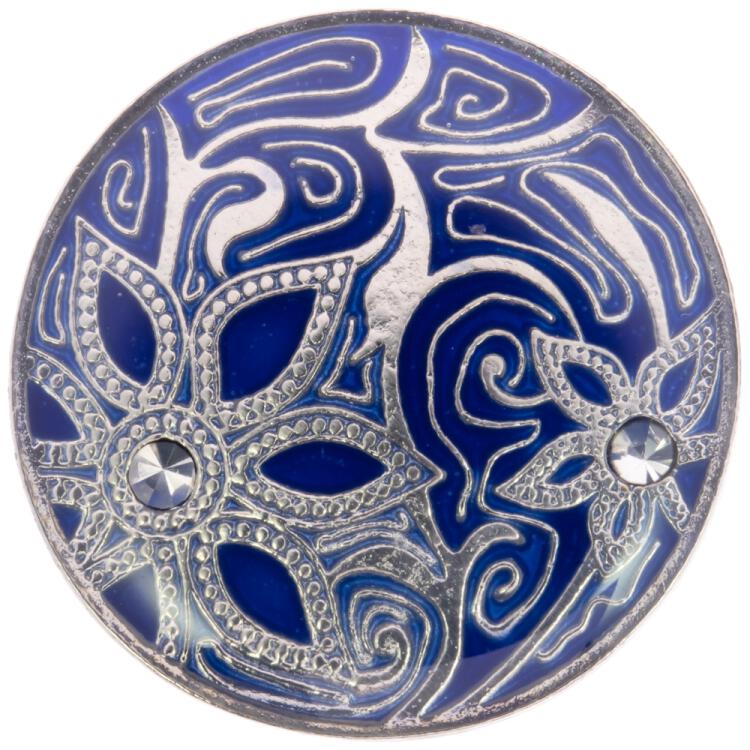 Schmuckknopf aus Metall in Silber-Blau mit filigranem Floralmotiv und Swarovski Kristallen
