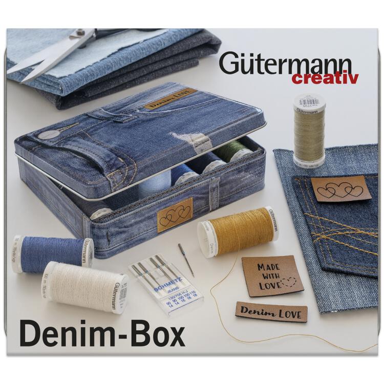 Gütermann Nähgarn-Set Denim-Box (12 x 100m) mit Jeansnadeln und Kunstleder-Labels