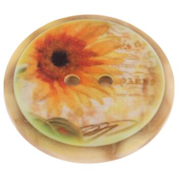 Kunststoffknopf in Holzoptik mit buntem Print - Sonnenblume