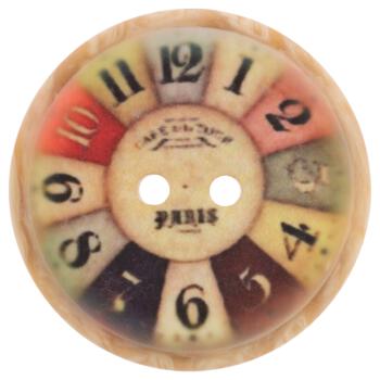 Kunststoffknopf in Holzoptik mit Retro-Uhrenprint