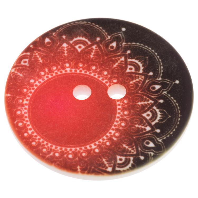 Kunststoffknopf in Braun-Rot mit weißem Mandala-Motiv