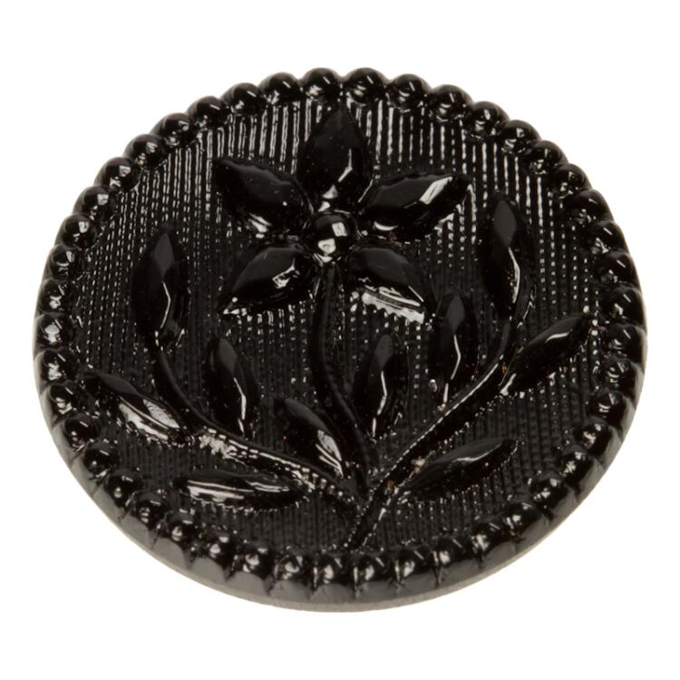 Runder Glasknopf mit eingraviertem Blumenmotiv in Schwarz 23mm