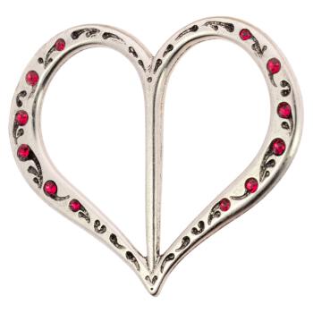 Herzförmige Dirndlspange in Silber geschmückt mit dunkelrosa Strasssteinen