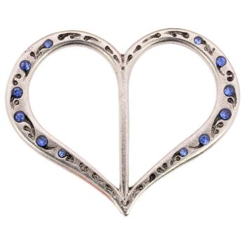 Herzförmige Dirndlspange in Silber geschmückt mit blauen Strasssteinen