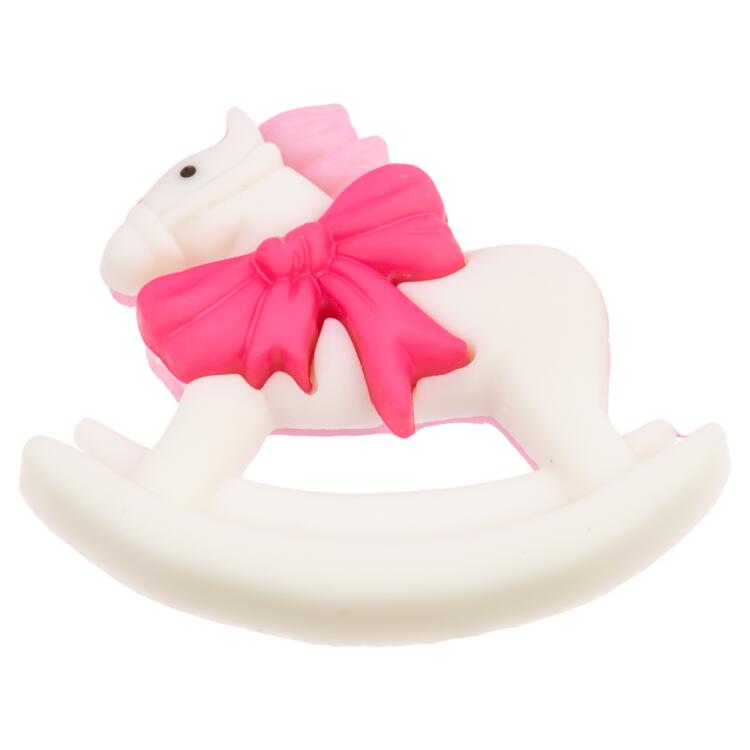 Kinderknopf/Babyknopf - Schaukelpferd in Weiß mit pinker Schleife