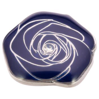 Metallknopf in Silber - Blume in Blau mit Schmuckstein