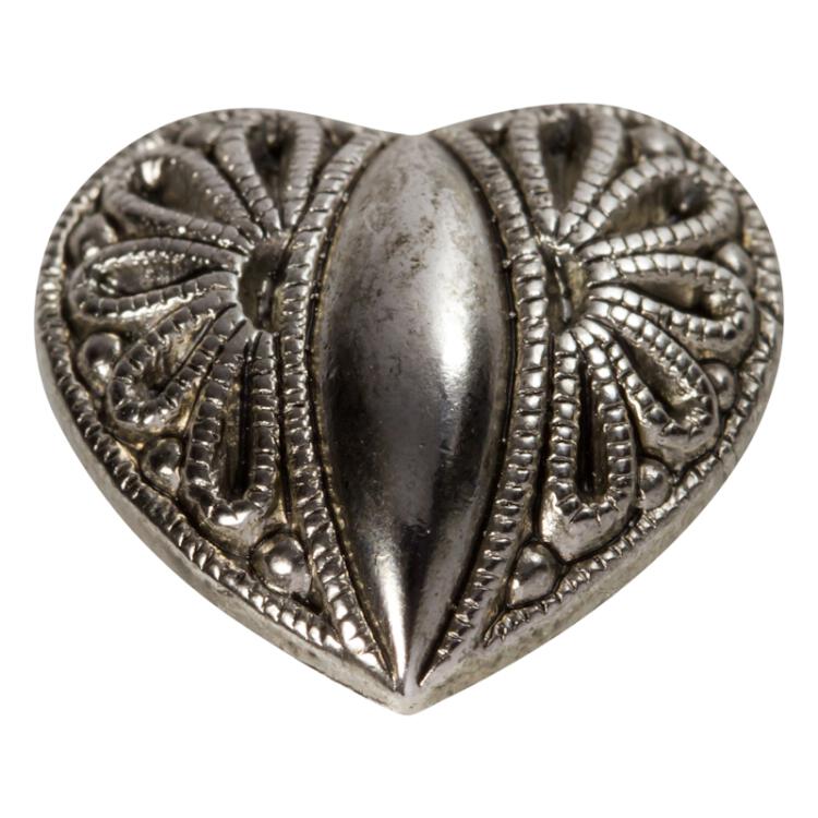 Trachtenknopf aus Metall in prächtiger Herzfom in Silber 15mm