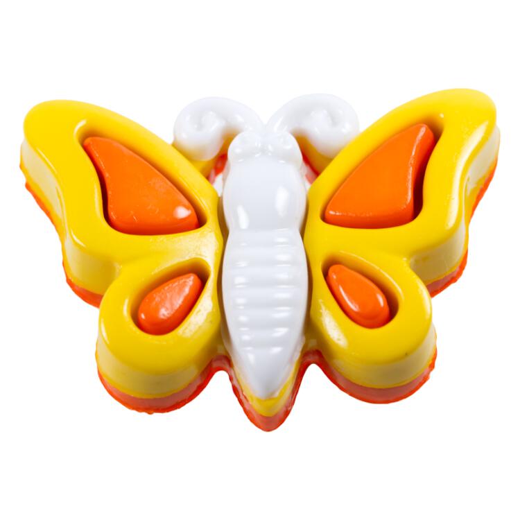 Kinderknopf "fröhlicher Schmetterling" aus Kunststoff in Gelb/Orange/Weiß 23mm