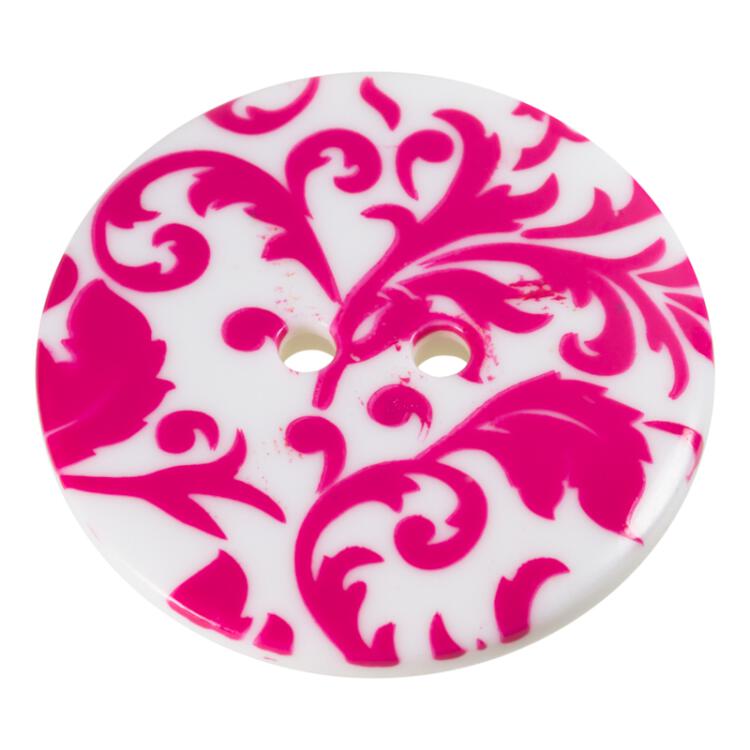 Weißer Kunststoffknopf mit floralem Druckmotiv in Rosa
