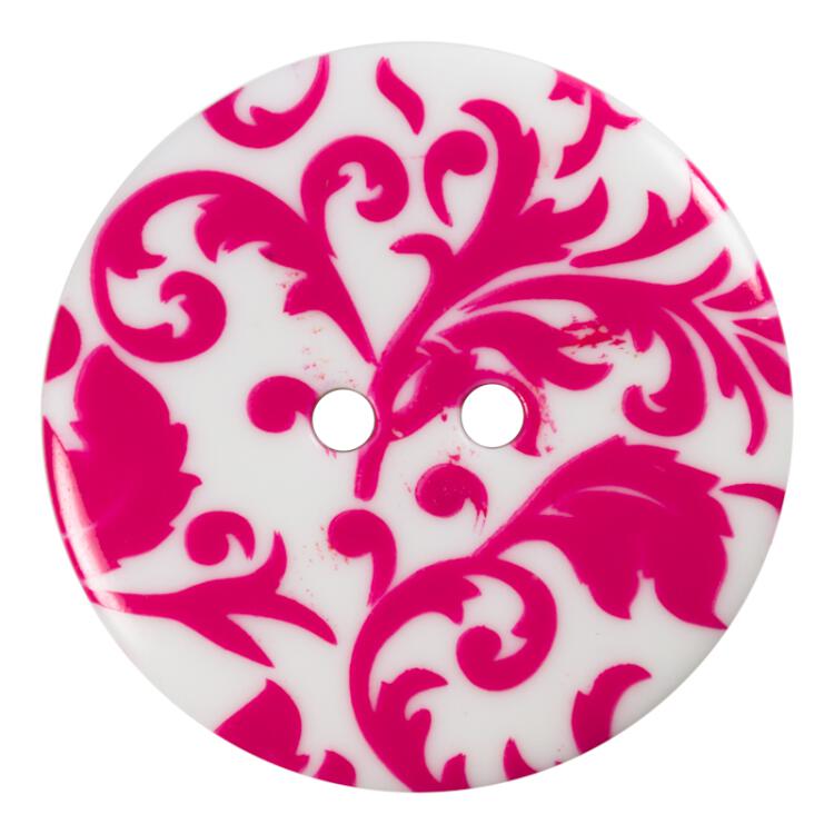 Weißer Kunststoffknopf mit floralem Druckmotiv in Rosa 25mm