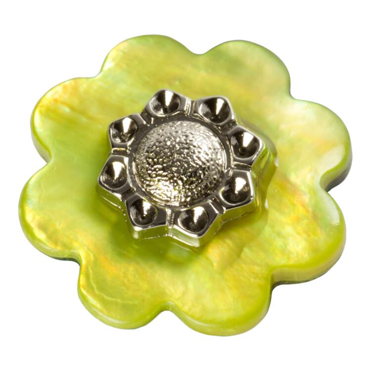 Perlmuttknopf Blumenform grün gefärbt mit Ziereinsatz 20mm