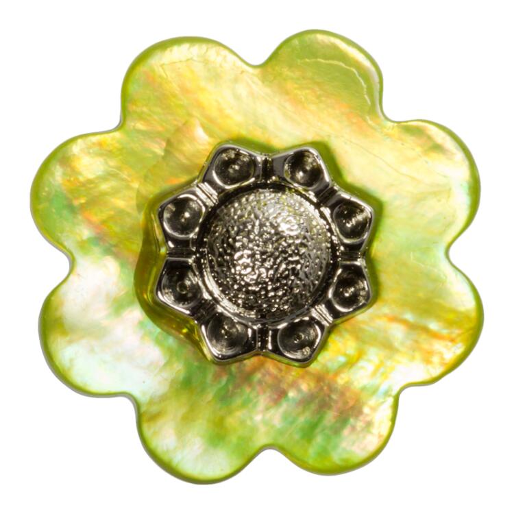 Perlmuttknopf Blumenform grün gefärbt mit Ziereinsatz 20mm
