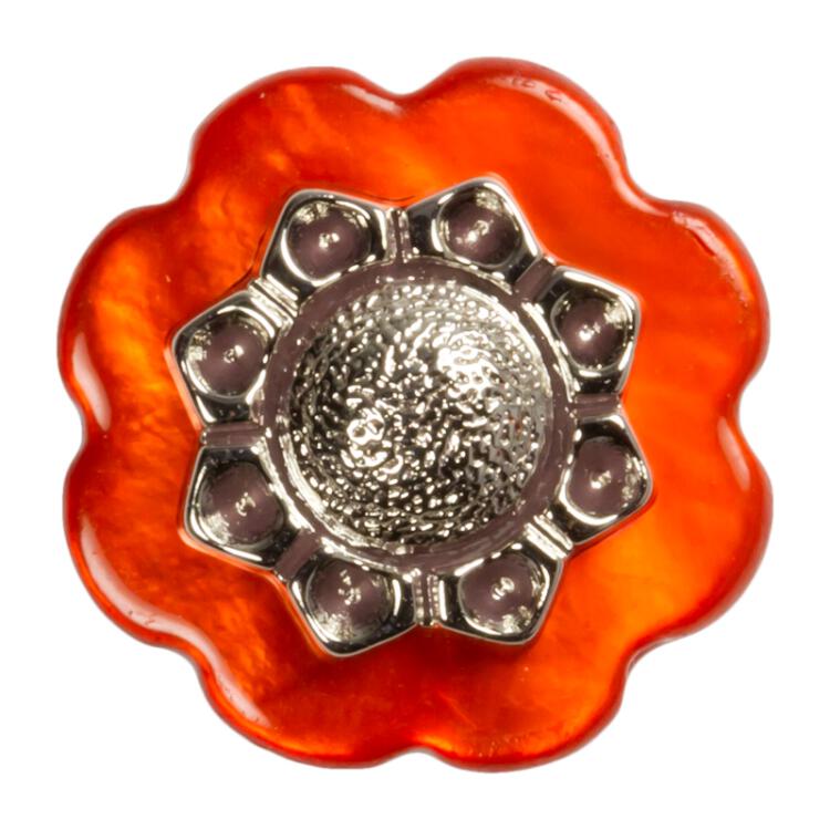 Perlmuttknopf Blumenform orange gefärbt mit Metalleinsatz