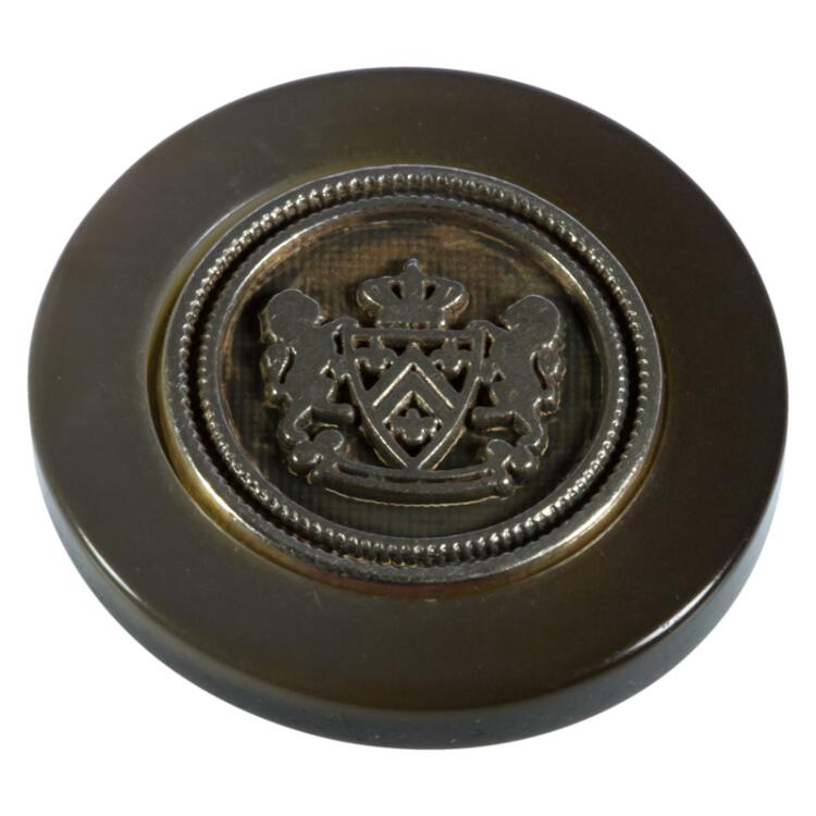 Kunststoffknopf in Braun mit Wappen-Metalleinsatz