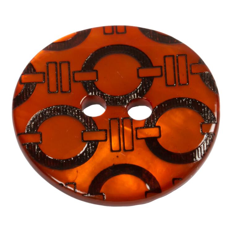 Perlmuttknopf orange gefärbt mit schwarzem Kreismuster 20mm