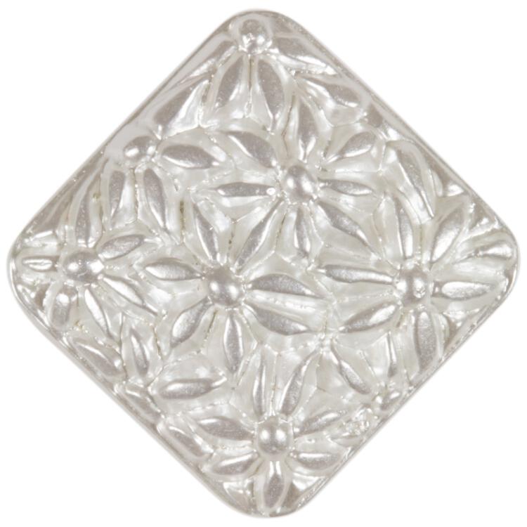 Glasknopf quadratisch mit floralem Motiv in Perlmuttweiß 23mm