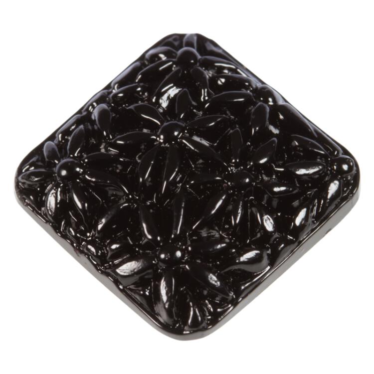 Glasknopf quadratisch mit floralem Motiv in Schwarz 23mm