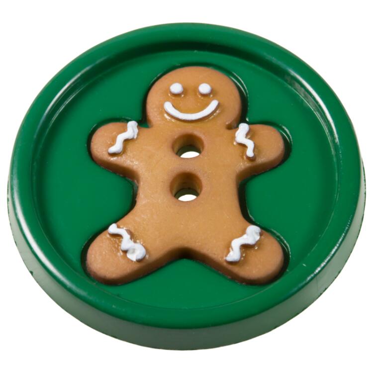 Weihnachtsknopf - grüner Knopf mit Lebkuchenmann in Braun 25mm