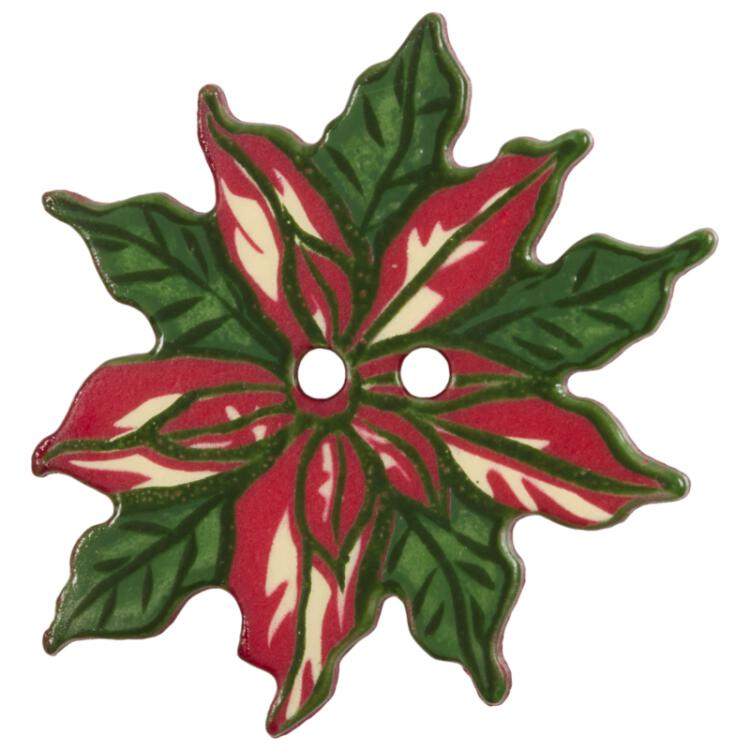 Weihnachtsknopf - Weihnachtsstern in Rot mit grünen Blättern 25mm