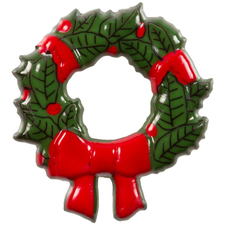 Weihnachtsknopf - grüner Weihnachtskranz mit roter Schlaufe