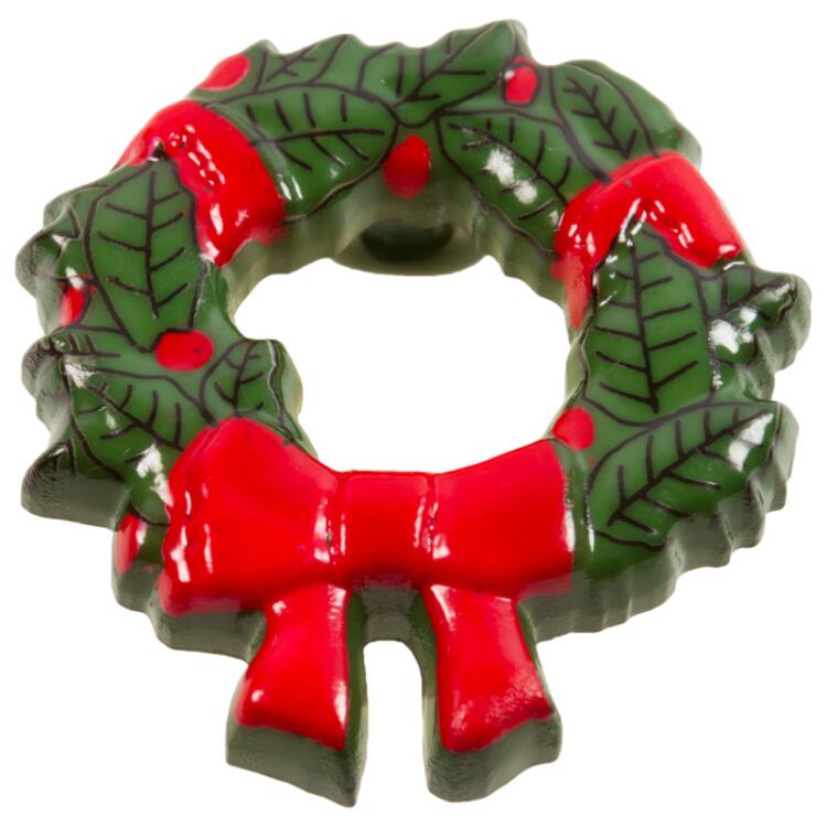 Weihnachtsknopf - grüner Weihnachtskranz mit roter Schlaufe 28mm