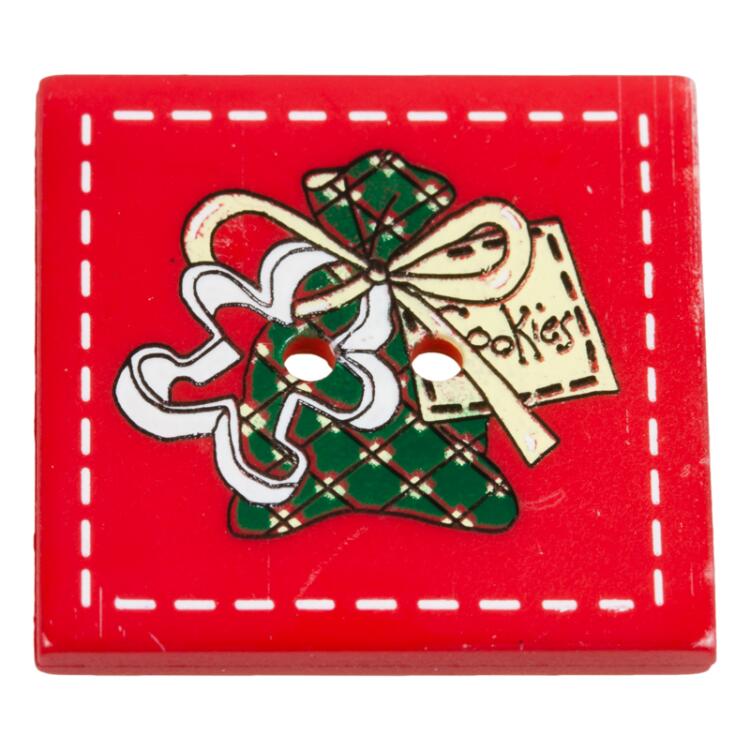 Weihnachtsknopf - quadratischer Knopf in Rot mit Cookies-Säckchen 25mm