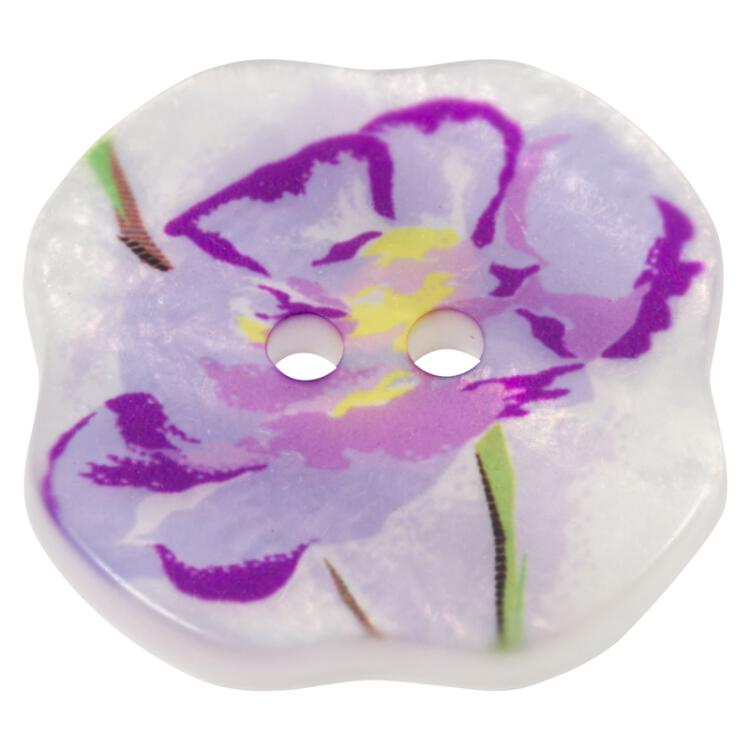 Kunststoffknopf in Perlmuttoptik mit Blumenmotiv in Lila