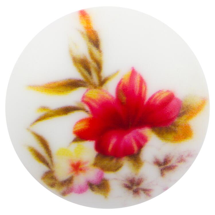 Weißer Kunststoffknopf mit Blumenmotiv in Rot 23mm