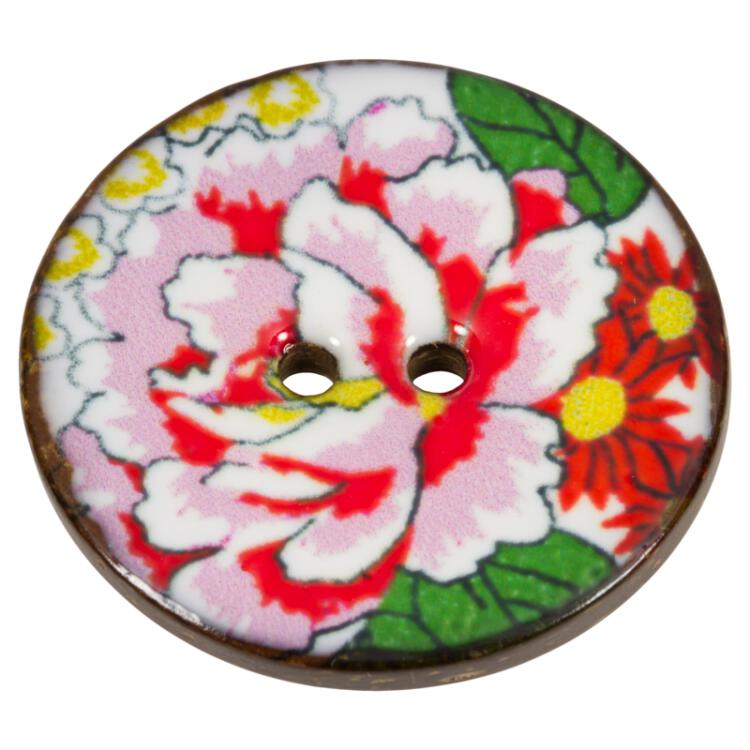 Kokosnussknopf mit Farbschicht und Blumenblüte-Motiv in Bunt