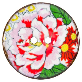 Kokosnussknopf mit Farbschicht und Blumenblüte-Motiv in Bunt