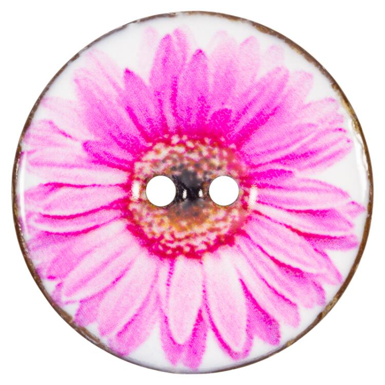 Kokosnussknopf mit Farbschicht und Gerbera-Blüte in Rosa 23mm
