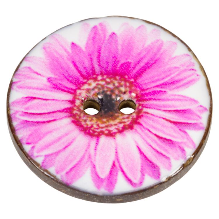 Kokosnussknopf mit Farbschicht und Gerbera-Blüte in Rosa 34mm
