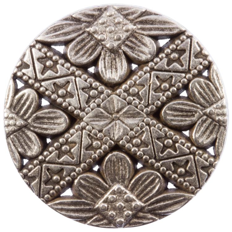 Metallknopf flach mit floralem Motiv in Altsilber 15mm