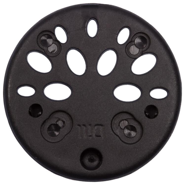 Kunststoffknopf in Schwarz mit ovalen Löchern auf einer Knopfhälfte 18mm