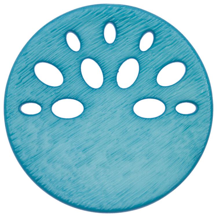 Kunststoffknopf in Hellblau mit ovalen Löchern auf einer Knopfhälfte 18mm