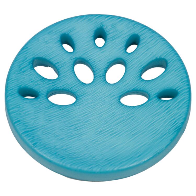 Kunststoffknopf in Hellblau mit ovalen Löchern auf einer Knopfhälfte 28mm