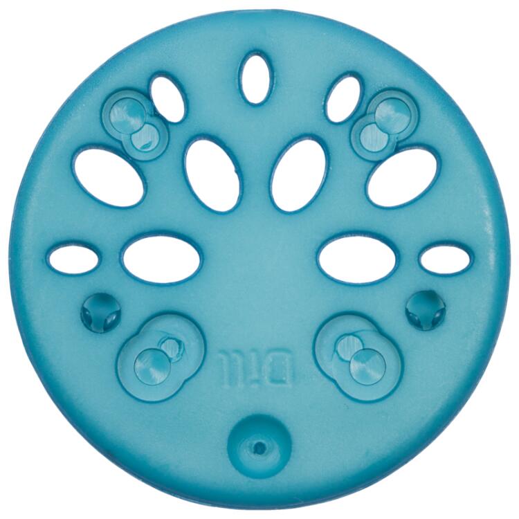 Kunststoffknopf in Hellblau mit ovalen Löchern auf einer Knopfhälfte 28mm