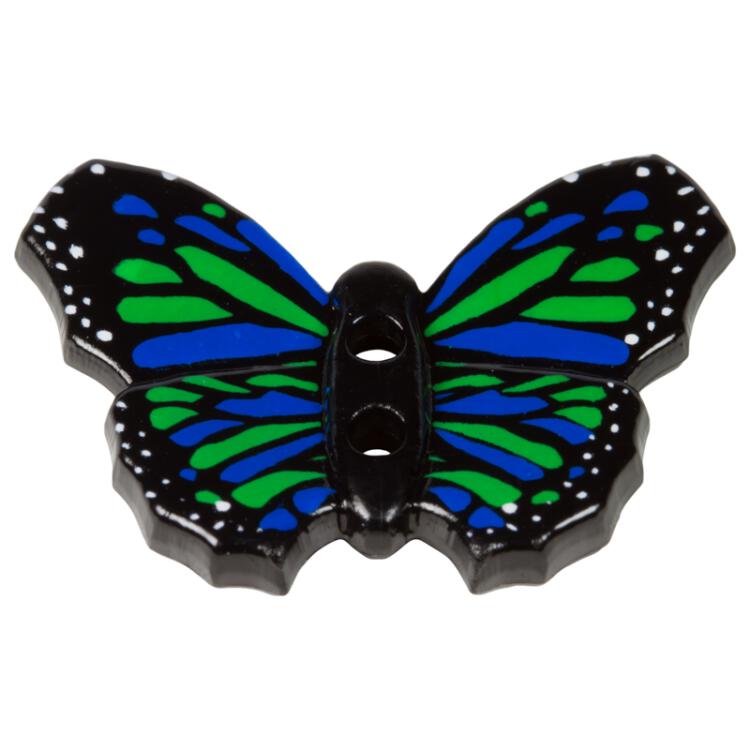 Kinderknopf - Schmetterling in Schwarz mit Muster in Grün-Blau 28mm