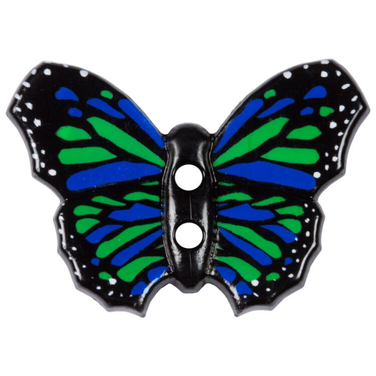 Kinderknopf - Schmetterling in Schwarz mit Muster in Grün-Blau 28mm