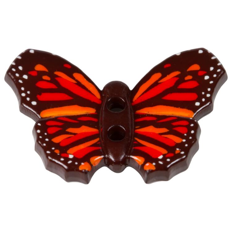 Kinderknopf - Schmetterling in Braun mit Muster in Rot-Orange 28mm