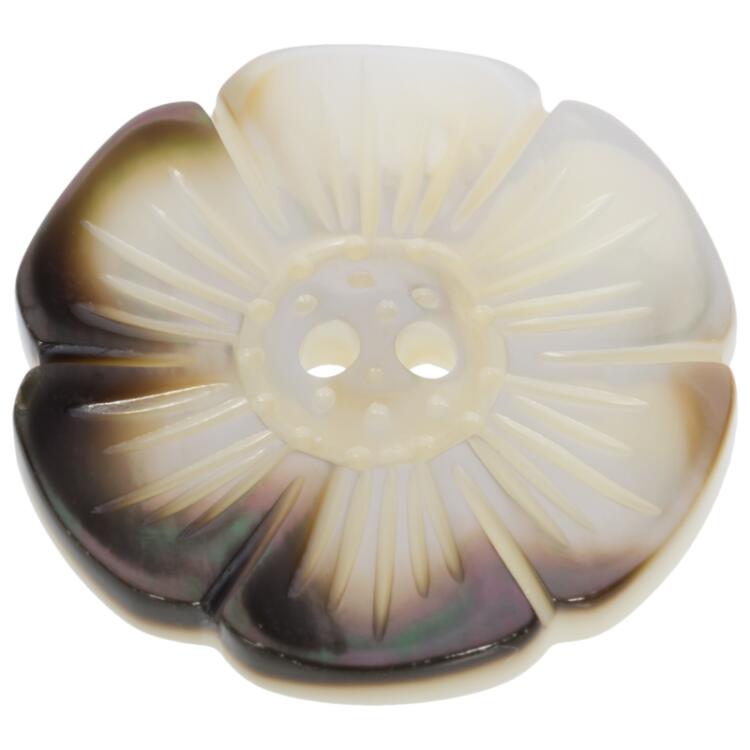 Perlmuttknopf aus hochwertiger Muschel in Blumenform braun-weiß 18mm