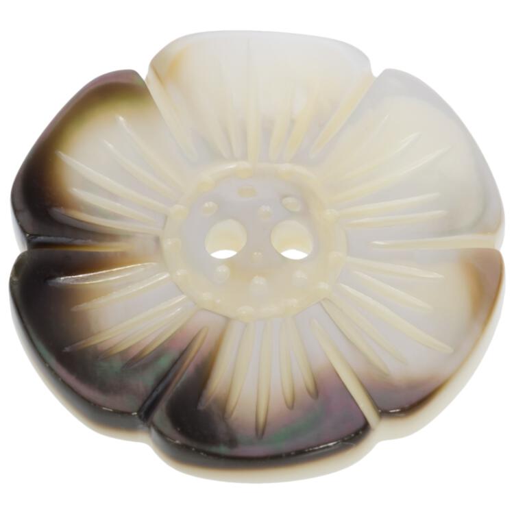 Perlmuttknopf aus hochwertiger Muschel in Blumenform braun-weiß 23mm