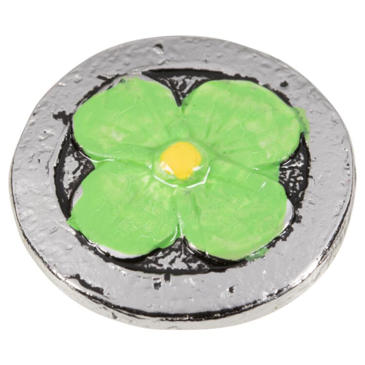 Metallknopf in Silber mit grün gefärbter Blume